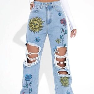 SHEIN ICON Floral High Waist Leg Jeans
